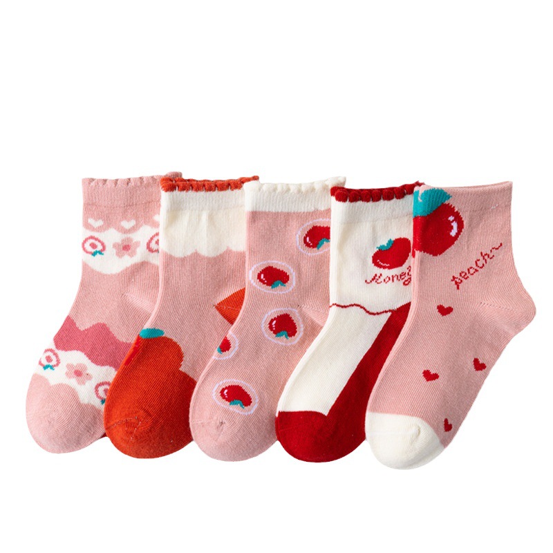 Autumn and winter versatile girls' socks, autumn style cute and warm pink strawberry long-staple cotton children's socks for girls wholesale Item Picture
