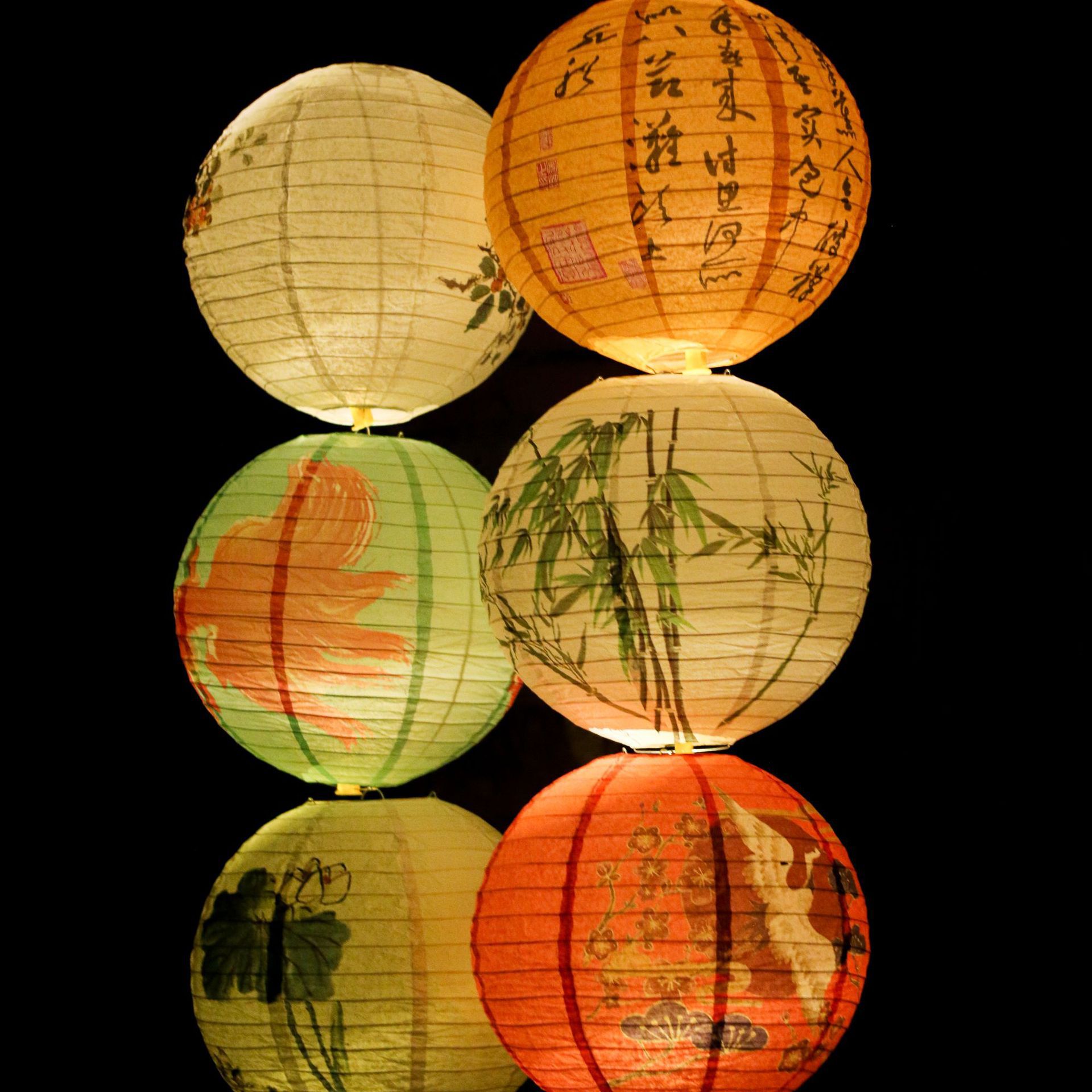 Outdoor scene arrangement of Chinese-style paper lanterns, ancient-style printed lampshades, tea house around a stove for tea, lantern decorations and pendants
