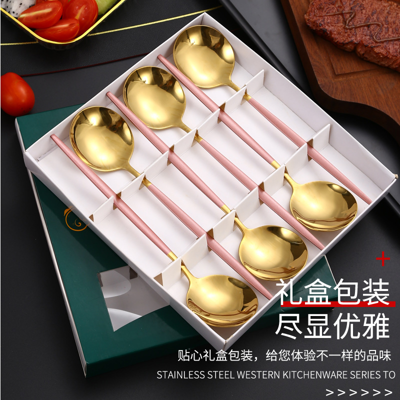 Stainless steel spoons, spoons, promotional gifts, home dining spoons, mixing spoons, creative gift box, tableware six-piece set Specification image