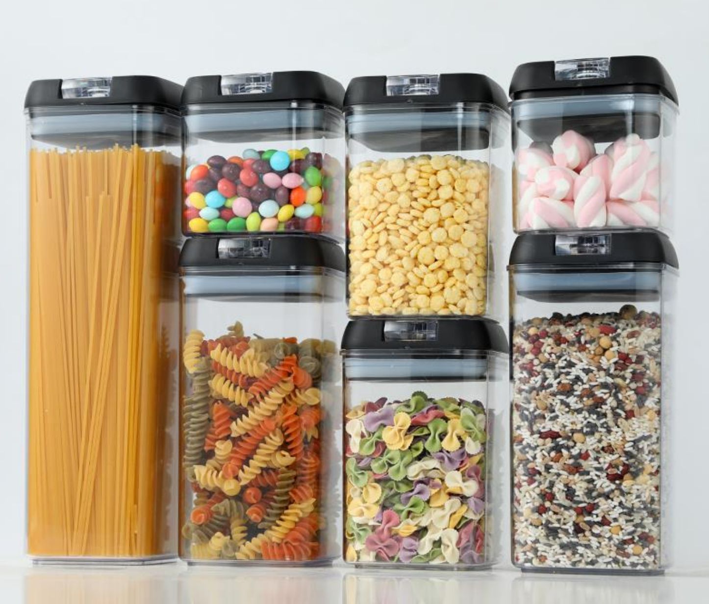 Plastic seven-piece set of transparent storage and storage cans for kitchen food of coarse grains, moisture-proof sealed boxes for grains Specification image