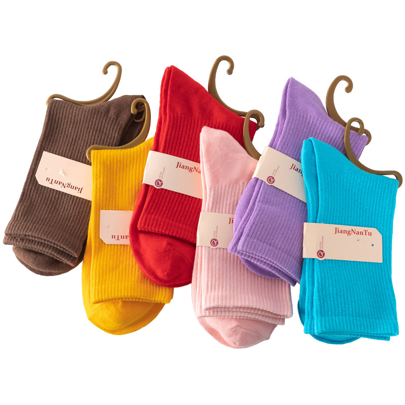 Spring Japanese thick pile socks, candy-colored long socks, solid-colored combed cotton sports socks wholesale, women's mid-calf socks Item Picture