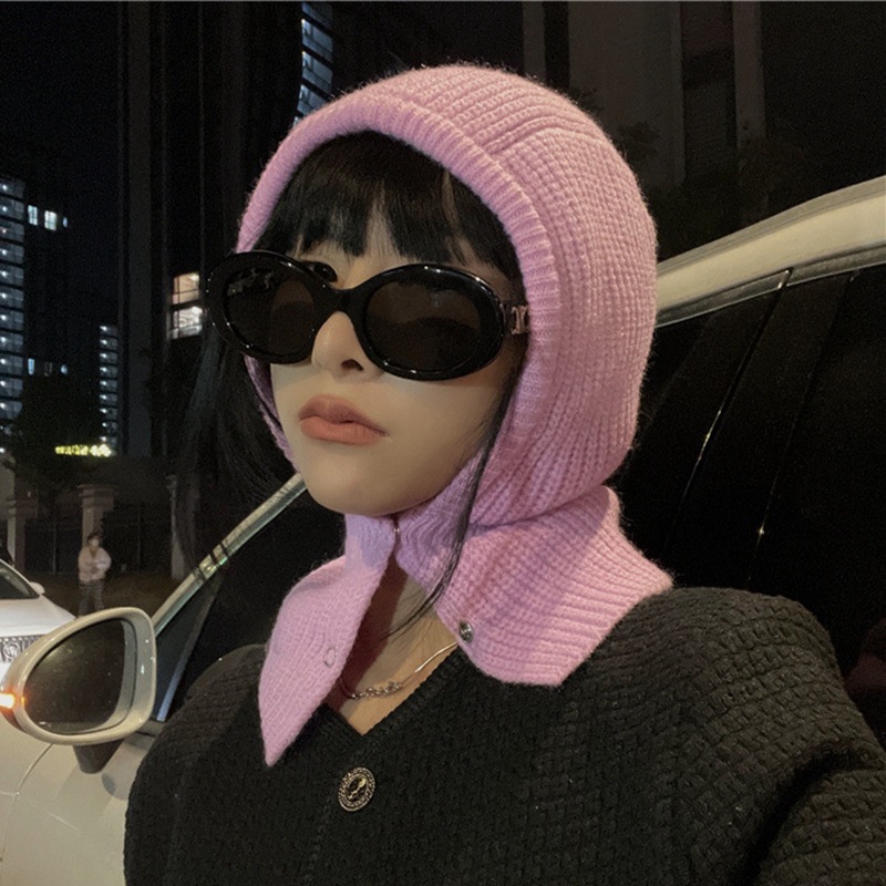 Niche design sense retro solid color knitted wool hat children autumn and winter warm ear protection hooded bib Bao Tou hat tide