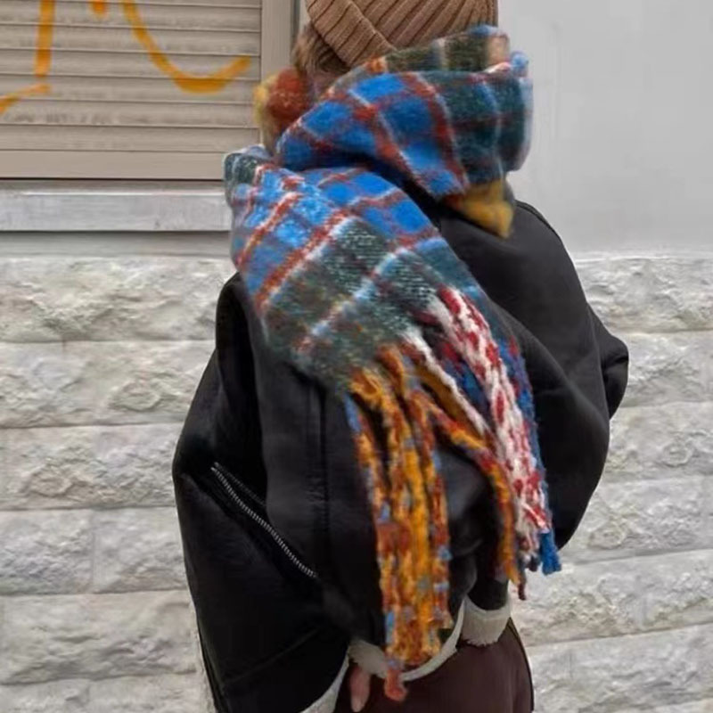 Factory Wholesale Winter New Korean Male And Female Students With The Same Thick Fringe Color Checkered Bib Scarf Specification drawing