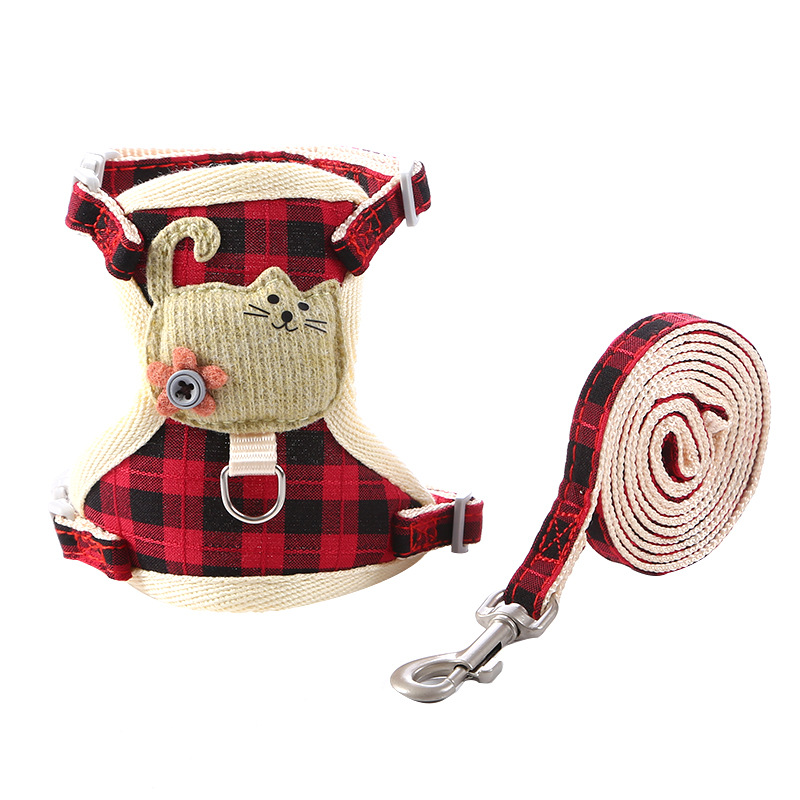 Pet cat supplies: anti-break, breathable, adjustable mid-grid cat chest strap, vest cat leash Item Picture