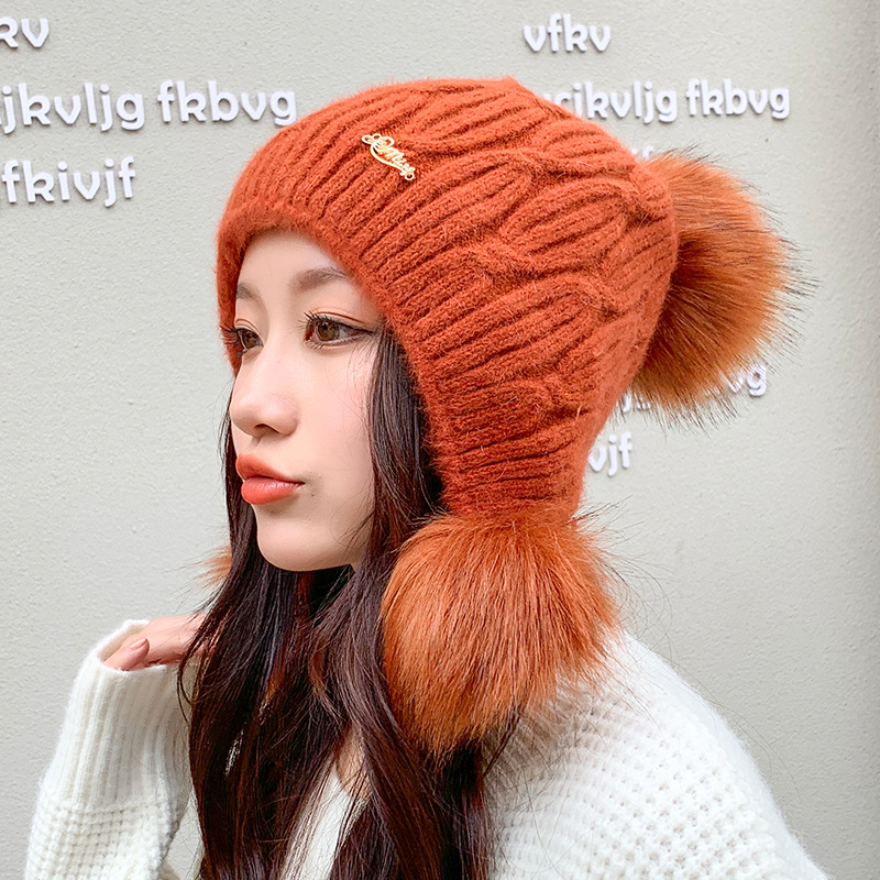 秋冬季新款韩版女士户外加绒保暖针织毛线帽甜美毛球纯色套头帽子详情图1