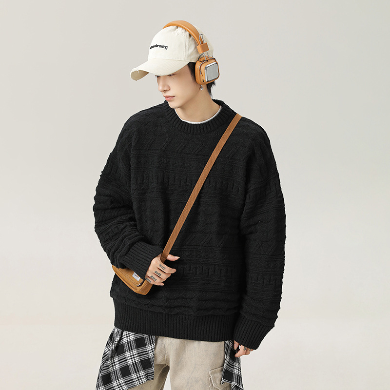 Japanese retro tweed texture round-neck sweater men's autumn and winter new solid color loose texture knitted sweater sweater coat Specification image