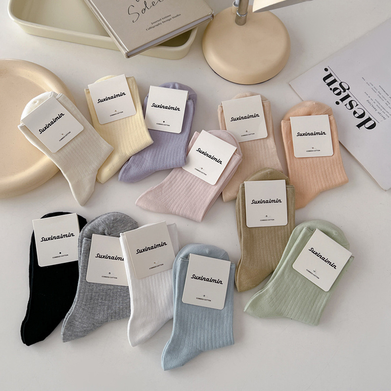 Sock street stall, one-piece consignment, women's summer thin Japanese-style solid color candy color ins trendy Zhuji mid-calf cotton socks, pile of socks, one-piece consignment details Picture