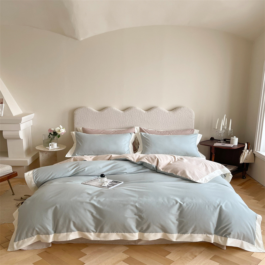 100-piece pure cotton solid color matte four-piece set, simple and elegant wide-edge craft bedding set details Picture