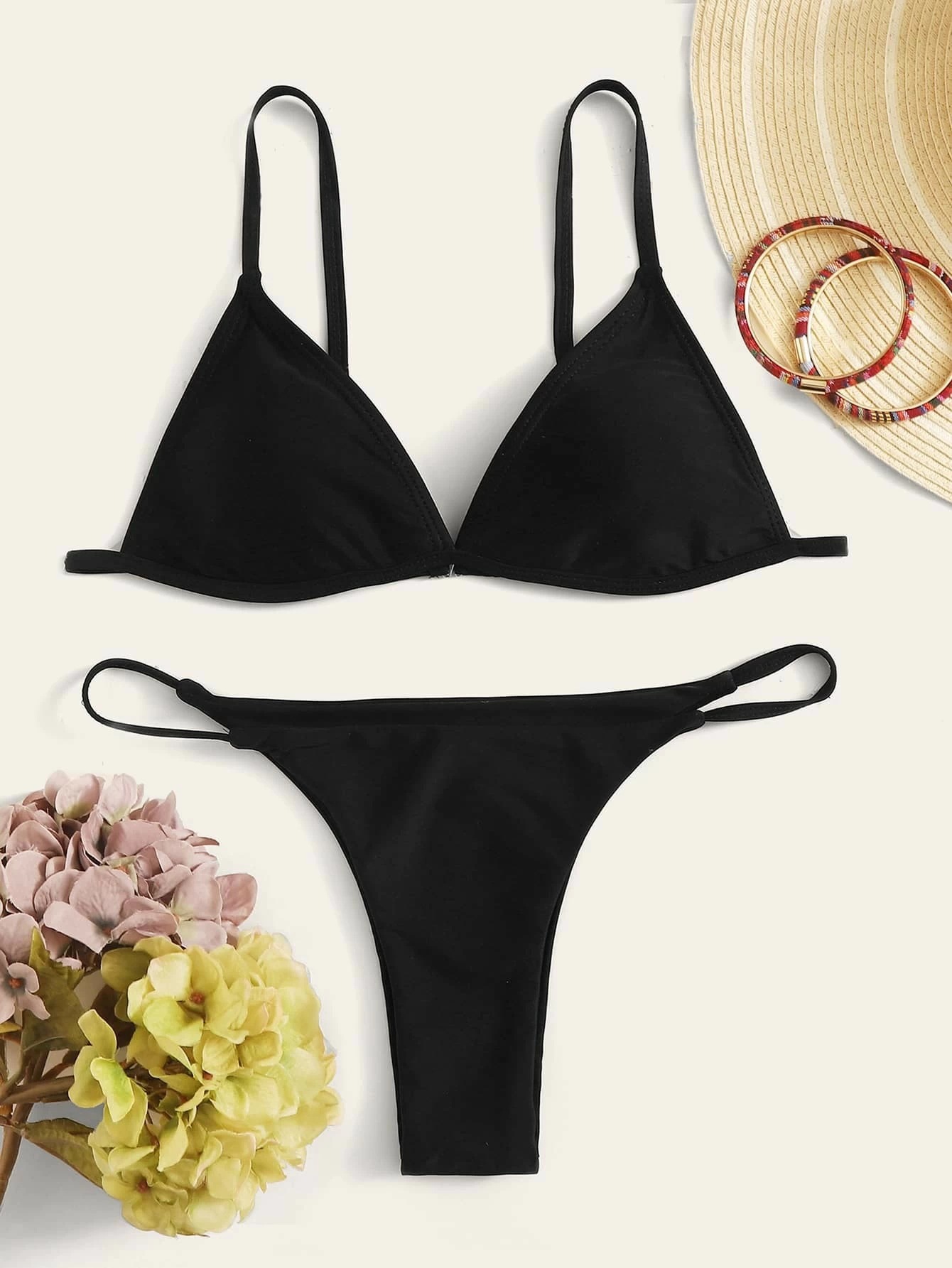 Europe And The United States New Solid Color Triangle Thong Bikini Swimsuit Bikini Spot Purple Black Application Scenario