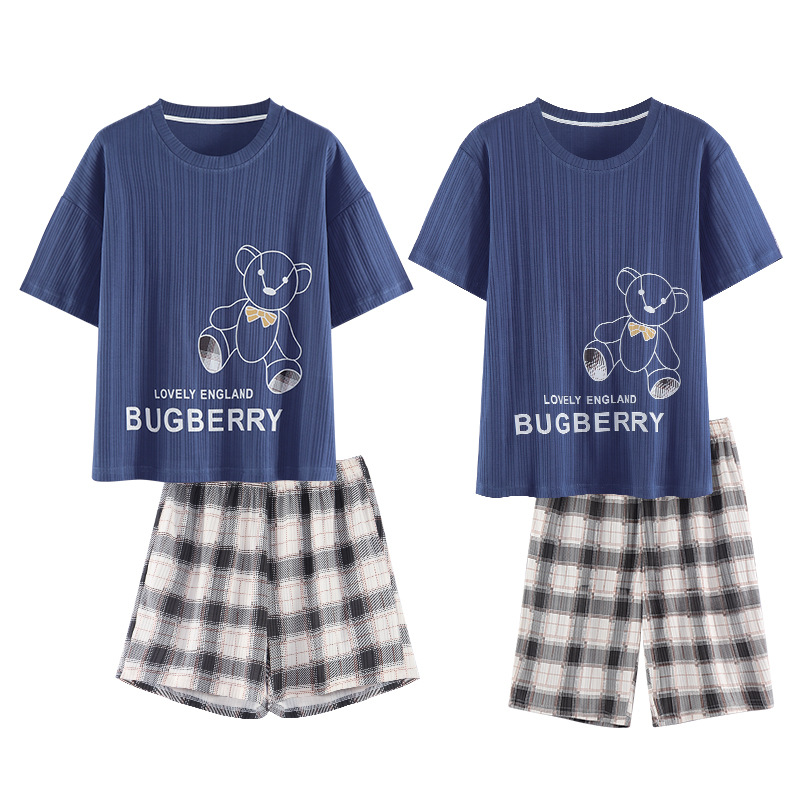 New couple short-sleeved shirts, shorts, pajamas, women's summer thin combed cotton, men's home wear sets, loose, casual and cartoon Item Picture