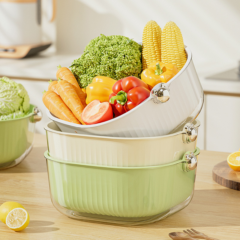Kitchen Double Drain Basket Household Living Room Fruit Tray Thickened Washing Basin Three Sets Of Rice Washing Fruit And Vegetable Washing Basket