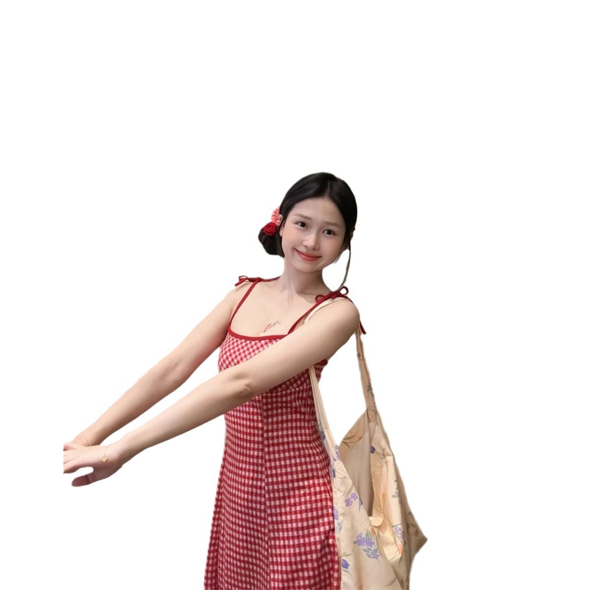 A simple red checkered halter dress for women's summer 2024 new style, a popular short skirt for petite women with exposed collarbones and a cinched waist Item Picture