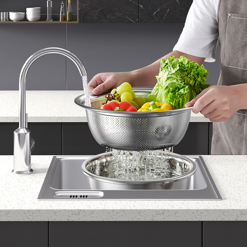 Stainless Steel Basin Large Thickened Whisk And Noodle Washing Basin Drain Basket Drain Soup Basin Kitchen Household Food Grade Specification drawing