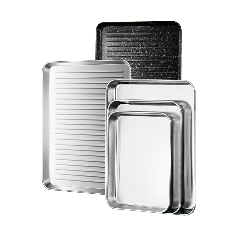 304 stainless steel barbecue plate, square plate, thickened and deepened rice roll plate, filter screen flat bottom tray, steamed rice plate, dessert plate Item Picture