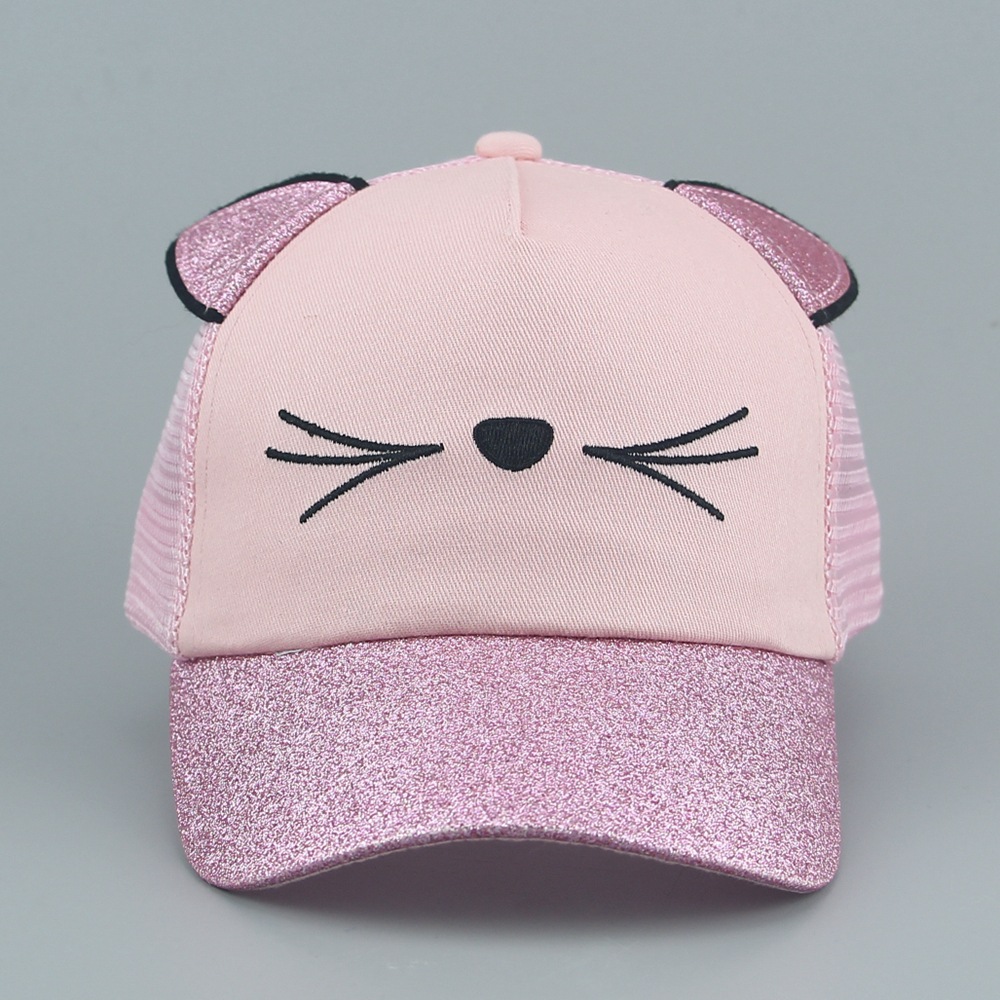 Custom-made children's hats from the hat factory are made of pink cotton cat shade, cute printed bright pink spring and summer net caps and breathable baseball caps