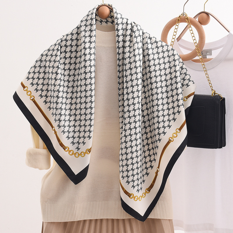 Spring new fashionable large square scarf, thousand-bird check silk scarf, high-end women's 90-inch square scarf, Korean-style scarf wholesale