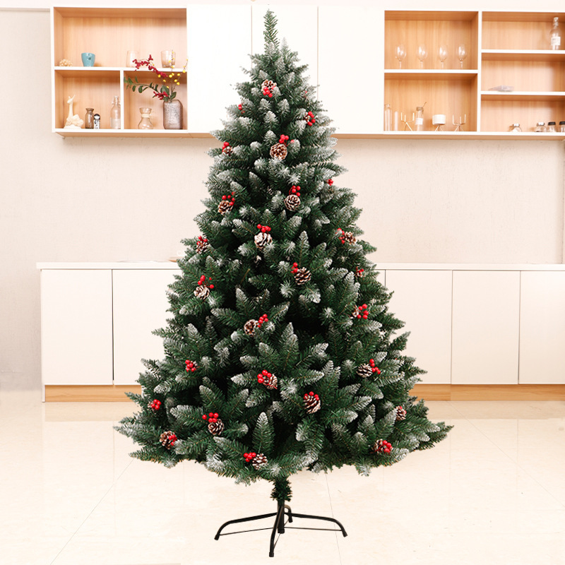 厂家批发尖头喷白圣诞树豪华加密红果松果树家用橱窗圣诞装饰摆件