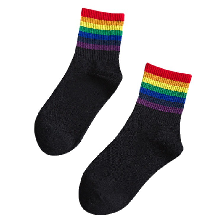 Rainbow Socks Women's mid-calf autumn new style all-cotton Korean-style trendy socks Casual cotton socks Rainbow stripe socks Item Picture