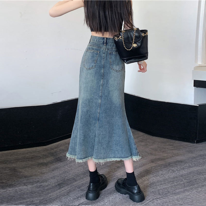Raw Edge Denim Skirt Skirt Skirt Female Summer Ins Style Niche Retro High Fanny Pack Hip Skirt In Long A-Line Skirt Trend Application Scenario