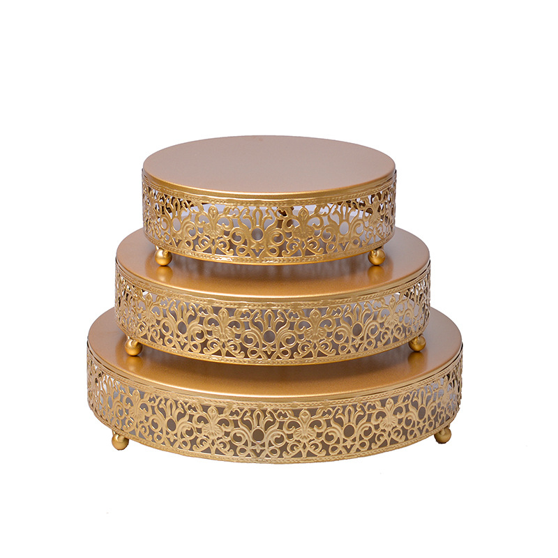 欧式金色圆形蛋糕架三件套婚庆摆台道具点心展示托盘甜品糕点矮台图