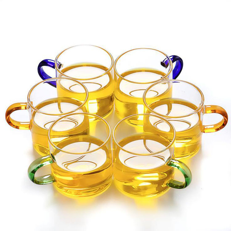 Office high borosilicate glass flower tea small cups, colored handles, transparent glass tea tasting cups, master cups for tea tasting Item Picture