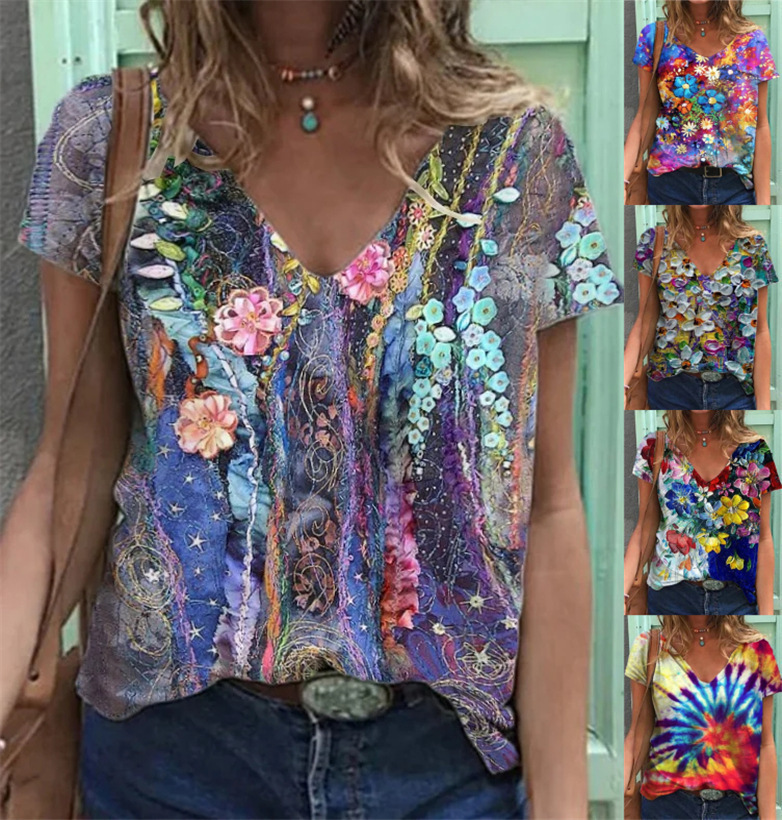 En stock 2021 crossover mujer algodón manga corta cuello V estampado 3D street hipster manga corta multicolor holgada mujer camiseta