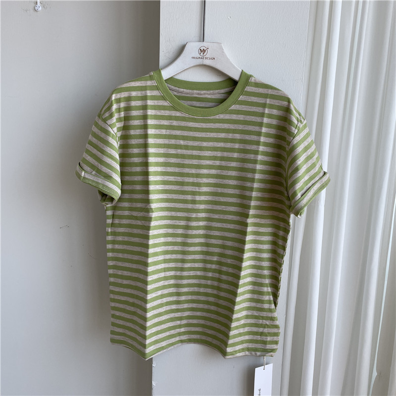 ¡El color es enorme belleza! Rayas control retro fresco 100% algodón camiseta manga corta verano 2022 mujer top suelto han Item Picture