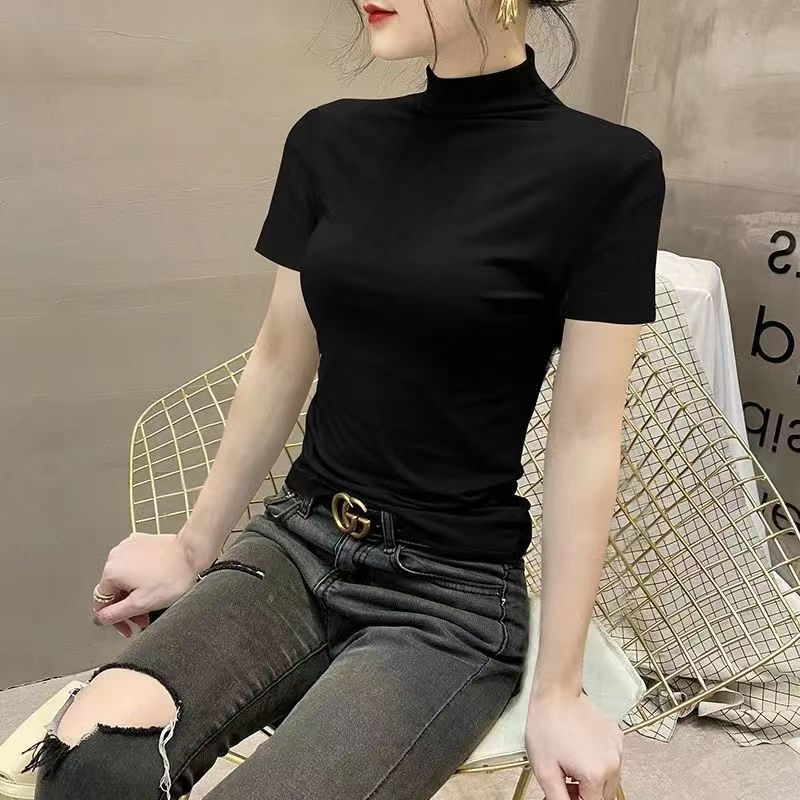 A semi-high-neck short-sleeved base layer shirt for women, a versatile T-shirt for spring and summer, with a stylish and slimming look. It is a tight-fitting black top with half sleeves and a vest Application Scenario