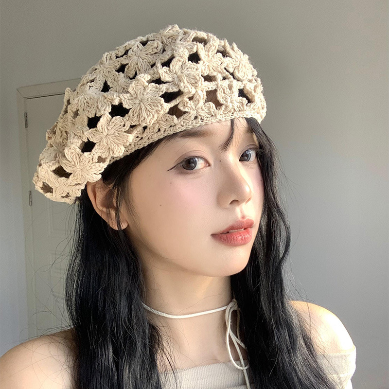 花朵镂空贝雷帽女夏季百搭薄款钩花蓓蕾画家帽日系复古显脸小帽子