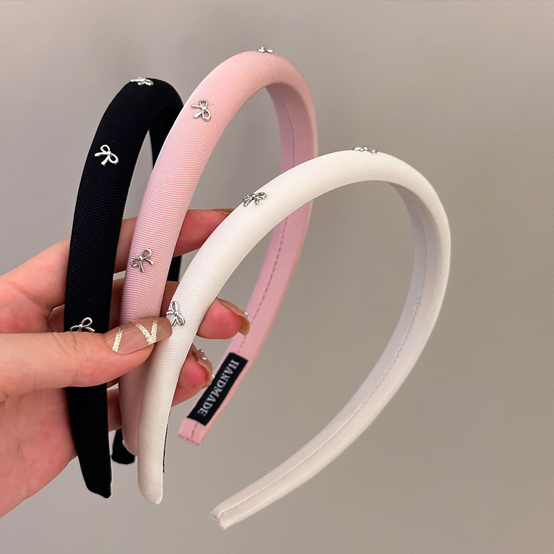 New Korean-style narrow style silver bow solid color fabric sponge high head band headband for women Specification image