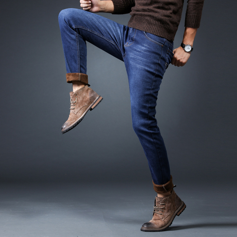 Winter fleece jeans, stretch loose straight-leg trousers, youth casual thickened warm men's trousers, versatile men's wear details Picture