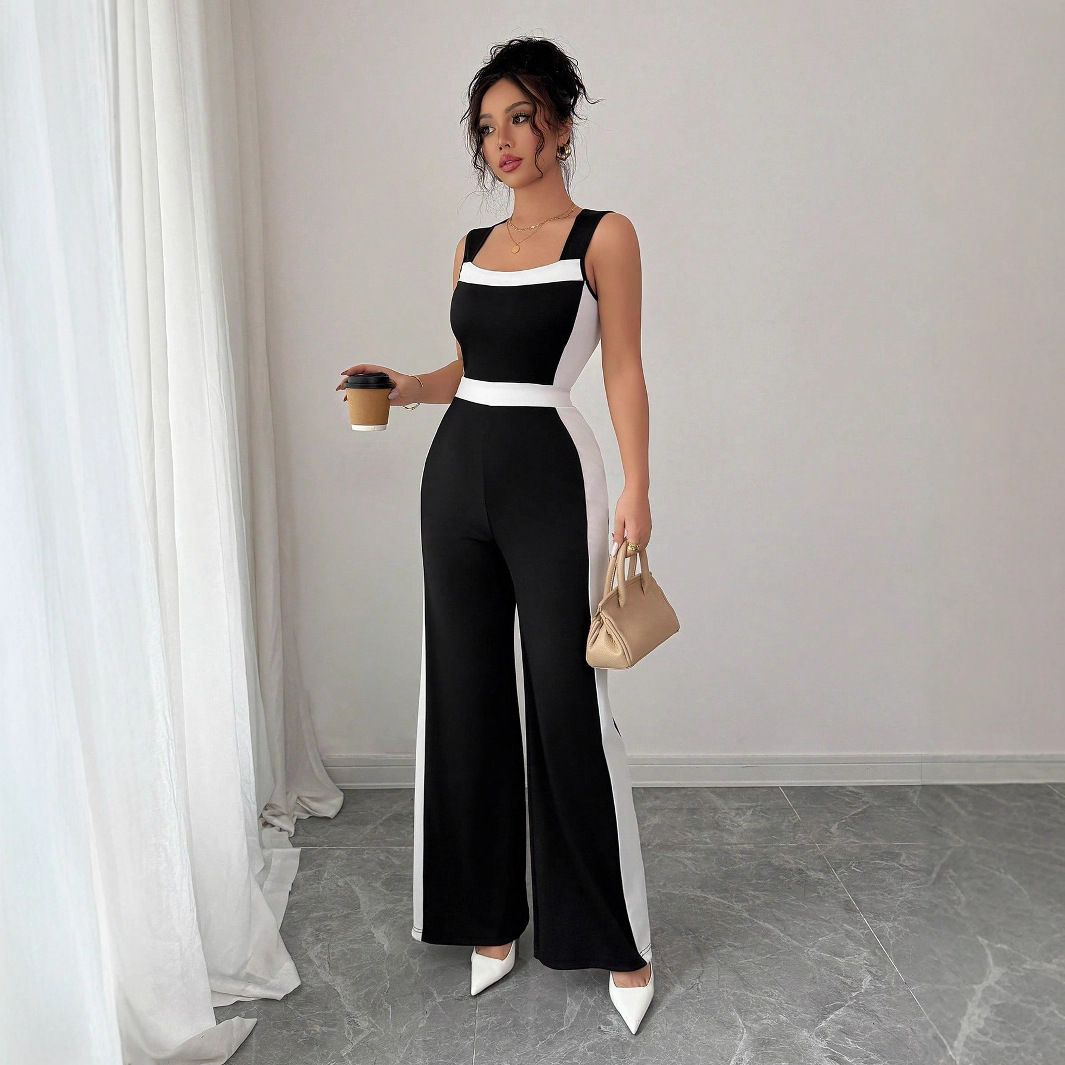 Cross-border European and American women's clothing 2025 Women's Spring and Summer vacation style European and American style two-color sleeveless wide-leg jumpsuit Specification image