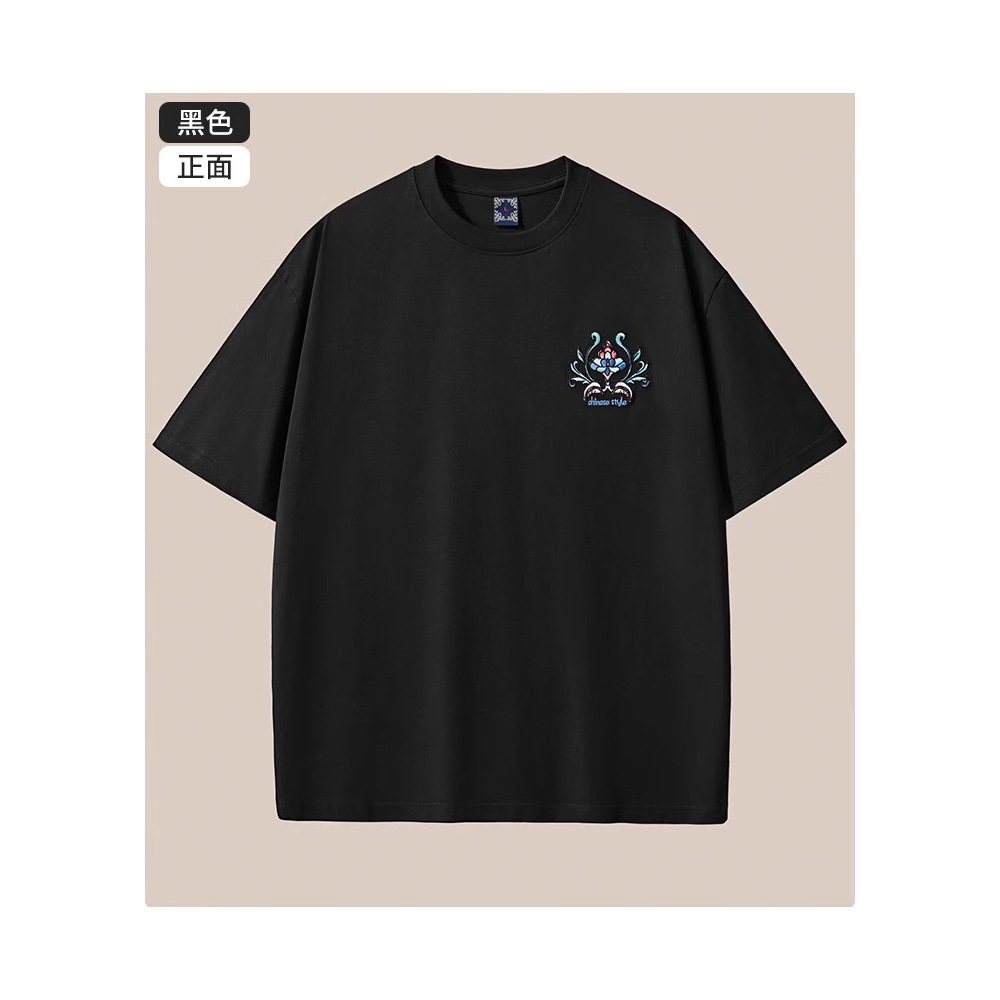 2025 New short-sleeved T-shirt for men, 260 grams, heavy pure cotton, Chinese-style floral embroidery, loose and large-sized men's fashion brand Specification image