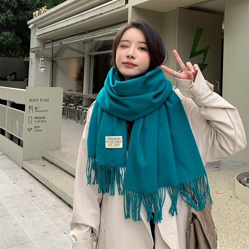 250g solid-color faux cashmere scarf for women, 2024 new winter thickened and warm fringed monochrome shawl scarf wholesale Specification image