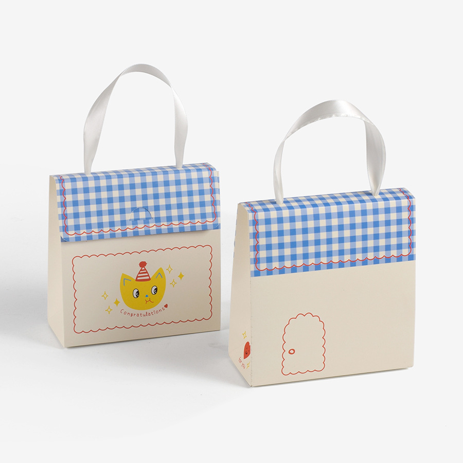 卡通手提袋手提礼品盒 可爱卡通清新格子烘焙曲奇糖果折叠包装盒