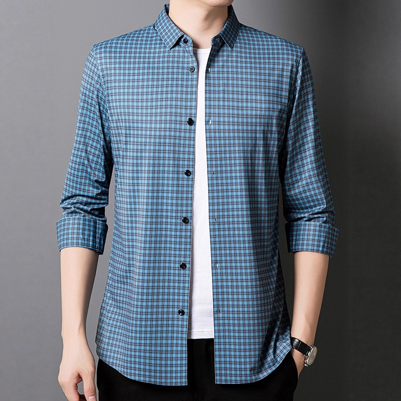 Cross-border live streaming long-sleeved lapel shirt 2025 Autumn new men's checked casual fashion versatile no-iron shirt Item Picture