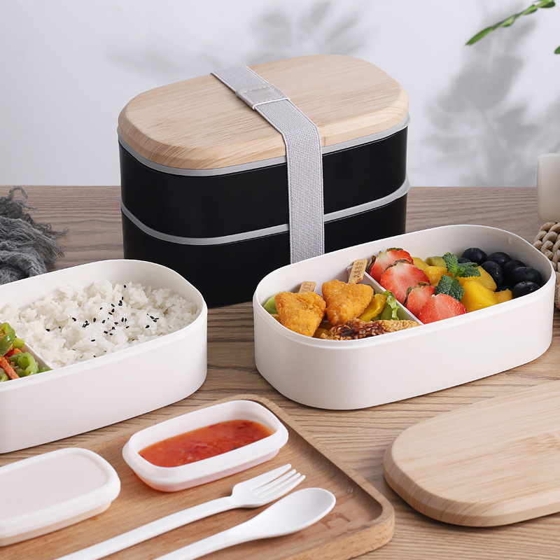 ins风形双层绑带日式便当盒酱料盒分格午餐饭盒微波炉大容量餐盒