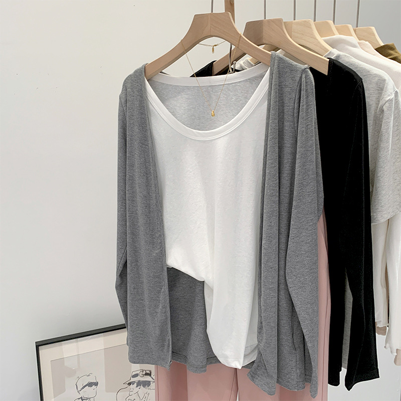 温柔风韩版灰色针织开衫女春秋季宽松休闲防晒打底衫外套长袖上衣