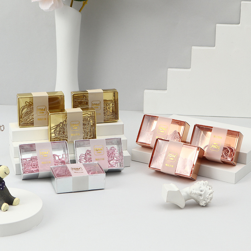 Cross-border direct supply of rose gold paper clips, box-shaped creative paper clips, student irregular-shaped clips, metal paper clips, bookmark holders