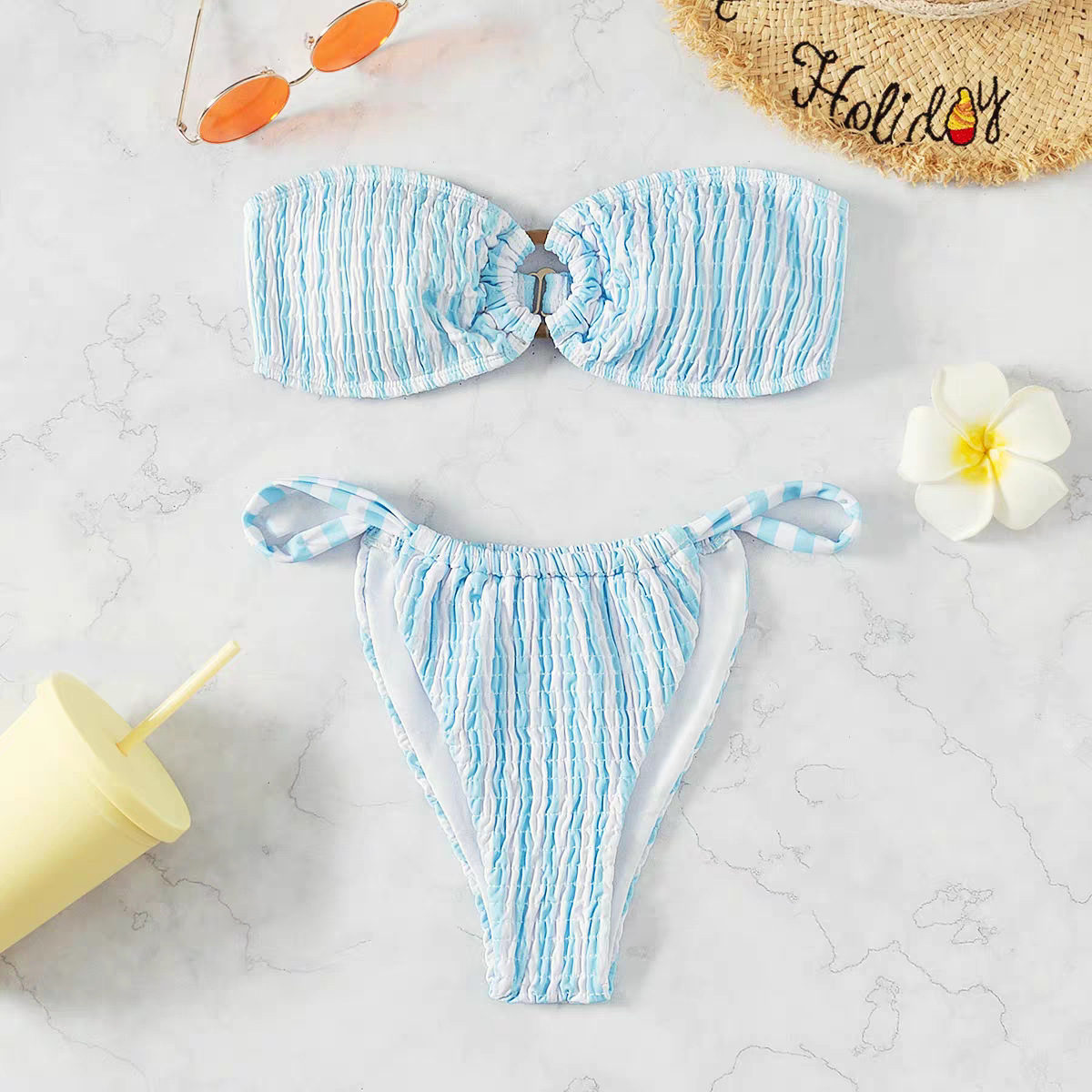 Cross Border Blue Stripe Small Fresh Sexy Backless Bra Pull Up Cable Bikini European And American Two-Piece Swimsuit