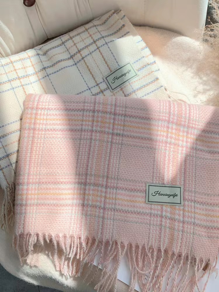 Pink Plaid Scarf Female Autumn Winter Advanced Sense 2023 New Korean Version Warm Thick Scarf Cape details Picture