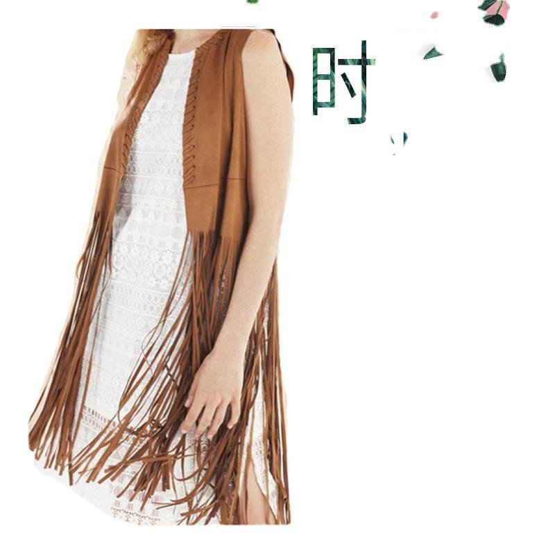 Spring and Summer new European and American style shawl suede fringed vest jacket for women, sleeveless mid-length waistcoat details Picture