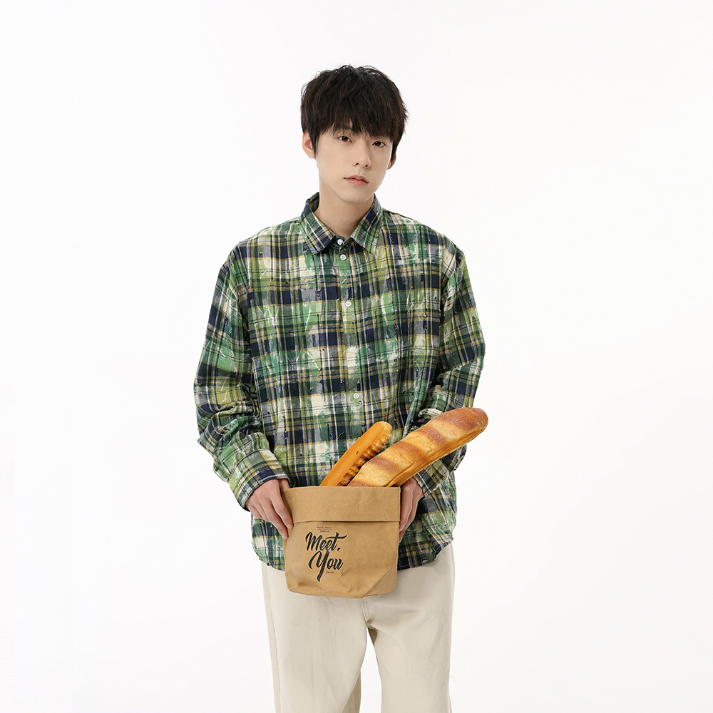 MTLCLOTHES men's Wear: New Autumn 2024 collection - a niche Japanese-style checkered and color-blocking casual loose shirt details Picture