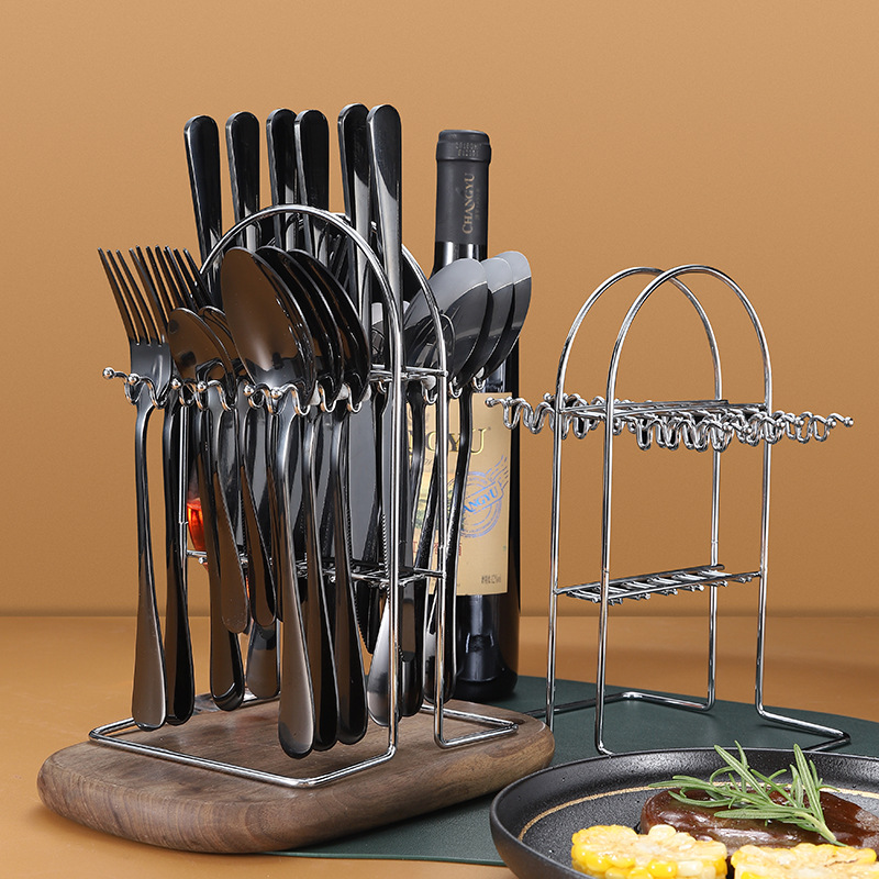 Factory direct supply Amazon stainless steel tableware 24-piece set, hanging rack, gold and wood box, Western kitchen knife, fork and spoon gift box set Specification image