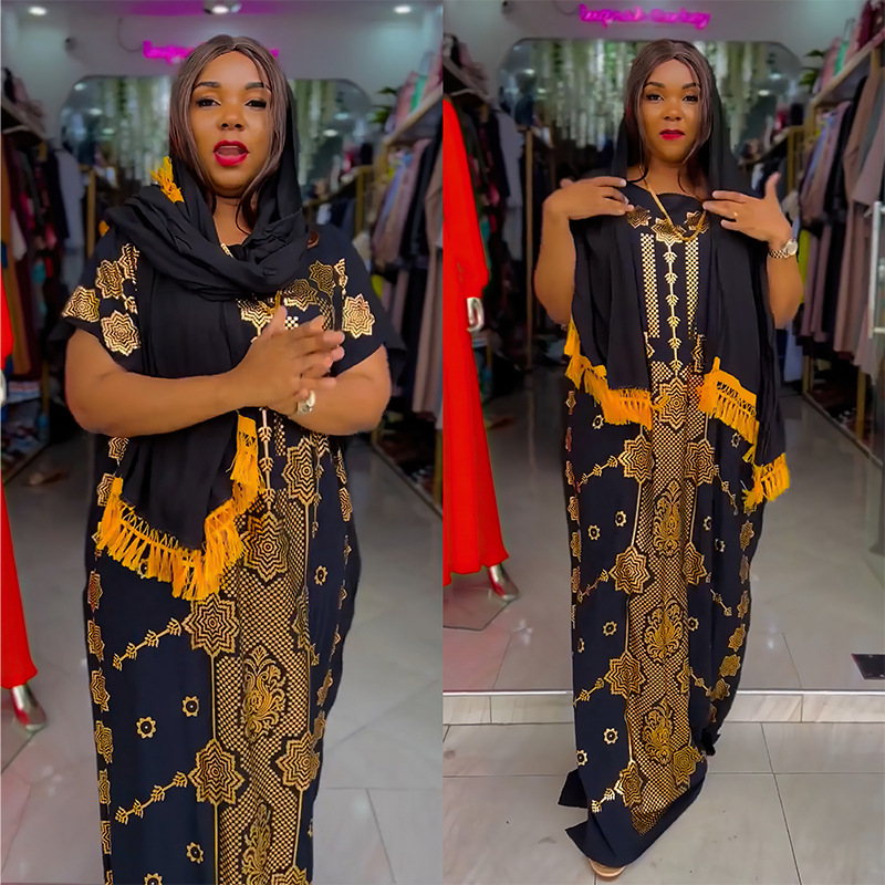Cross-Border African National Dress Dress Middle Eastern Abaya Robe Imitation Silk Satin Printed Dress 8931# details Picture