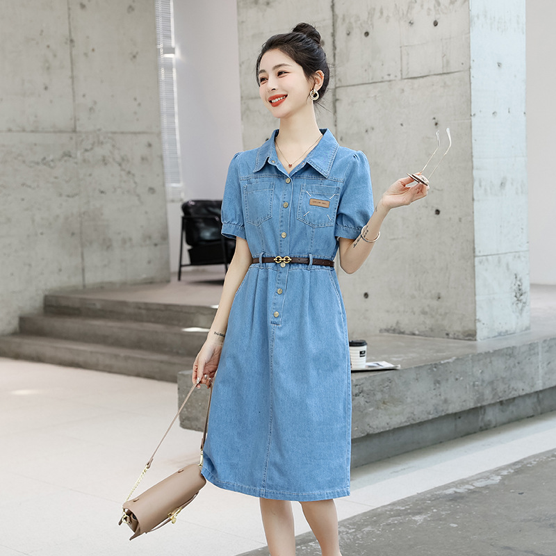 a new short-sleeved denim dress for women in summer 2024, a stylish mid-length A-line dress for petite women Application Scenario