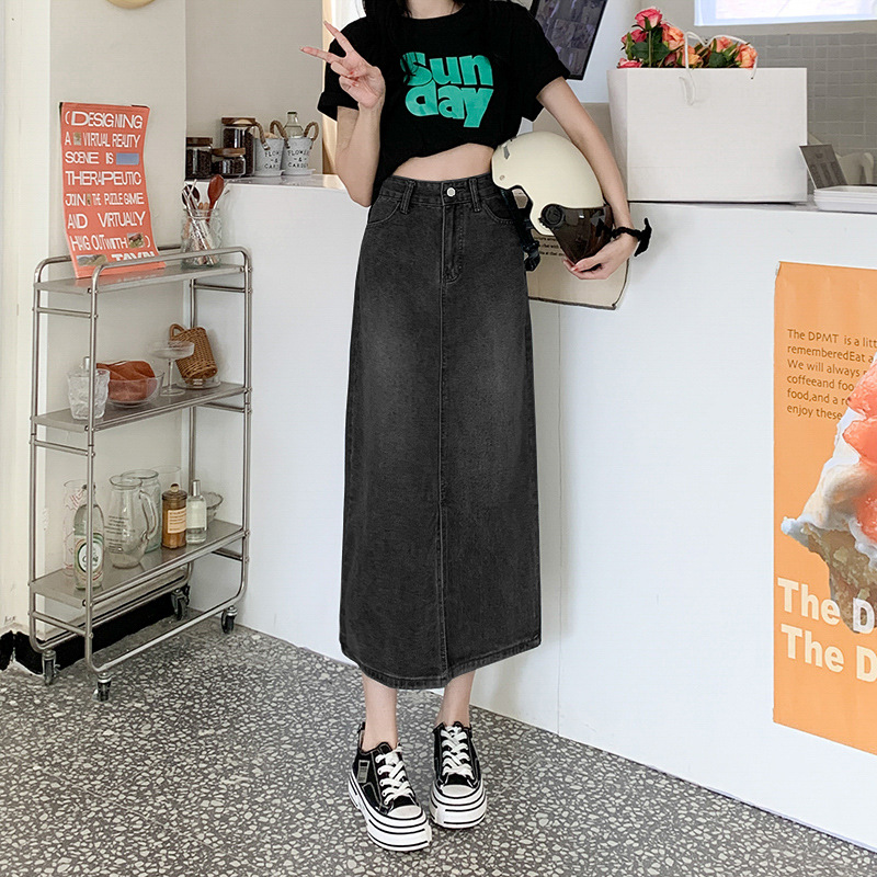 006 Commuter Simple High-Waisted Skinny-Wrapped Hip Skirt Mid-Length Skirt Women's Spring Summer Vintage A-Line Split Denim Skirt details Picture
