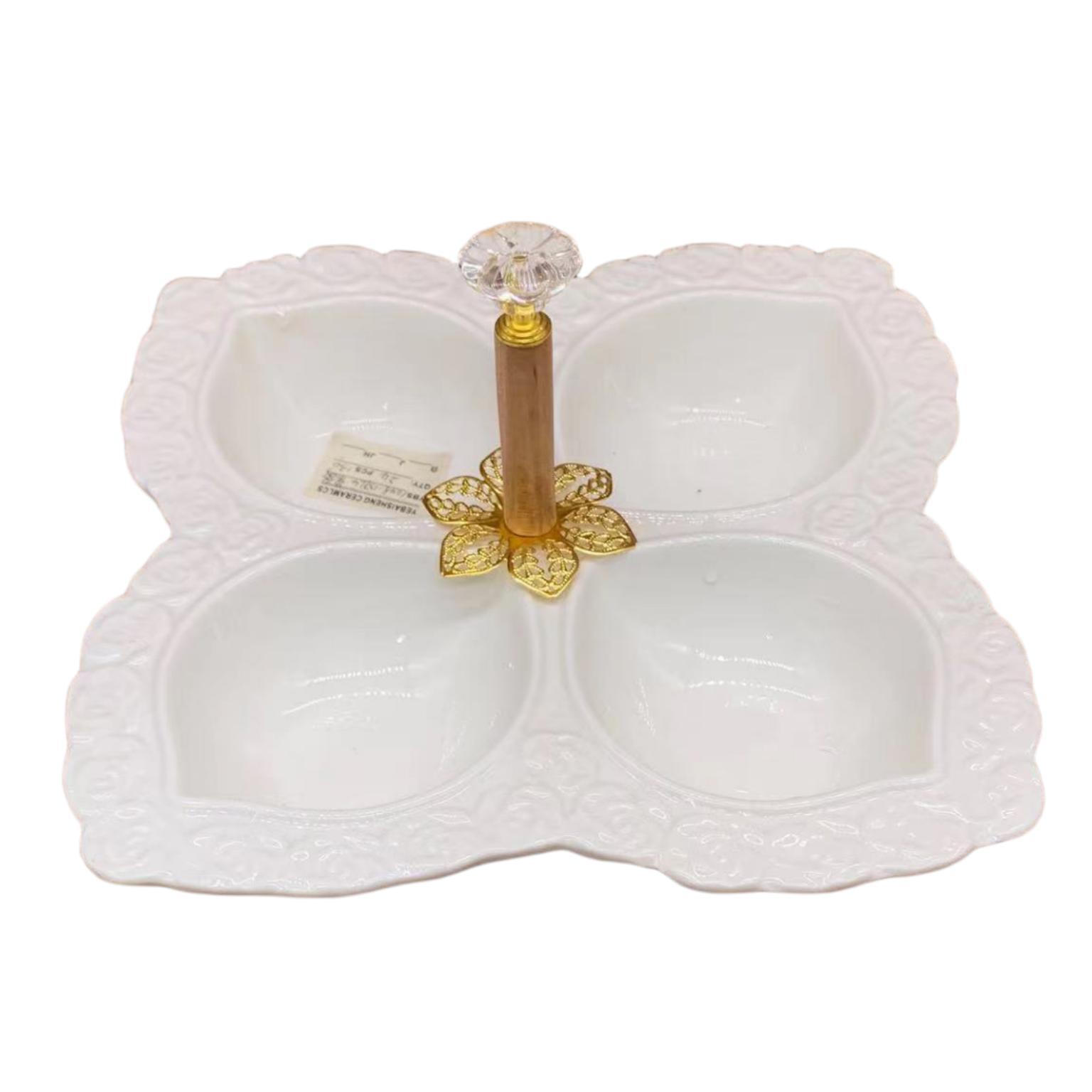 Petal ceramic multi-compartment fruit plate design sense, pure white four-grid fruit plate, hand-held restaurant food four-compartment platter details Picture