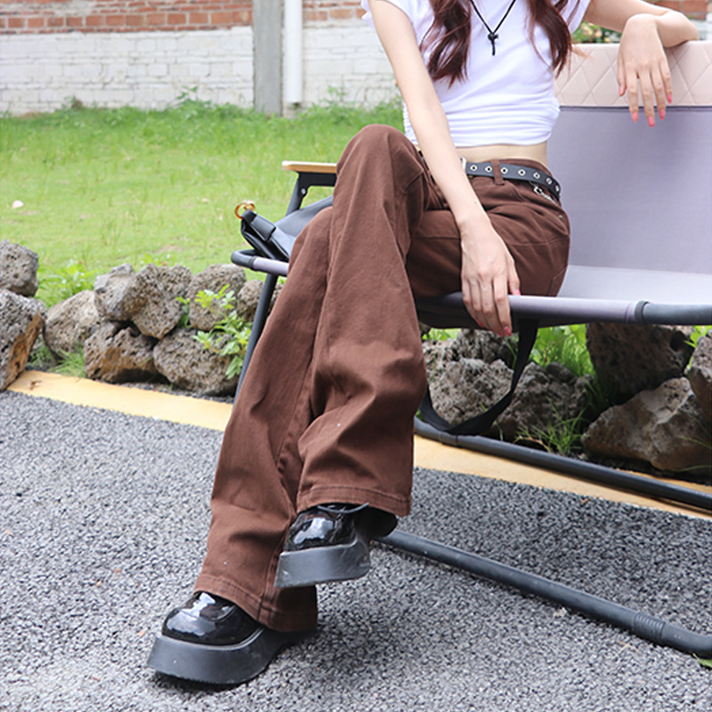 High-waisted stretch caramel brown extended flared women's jeans, summer Korean sweet and hot girl student straight-leg drape long pants details Picture
