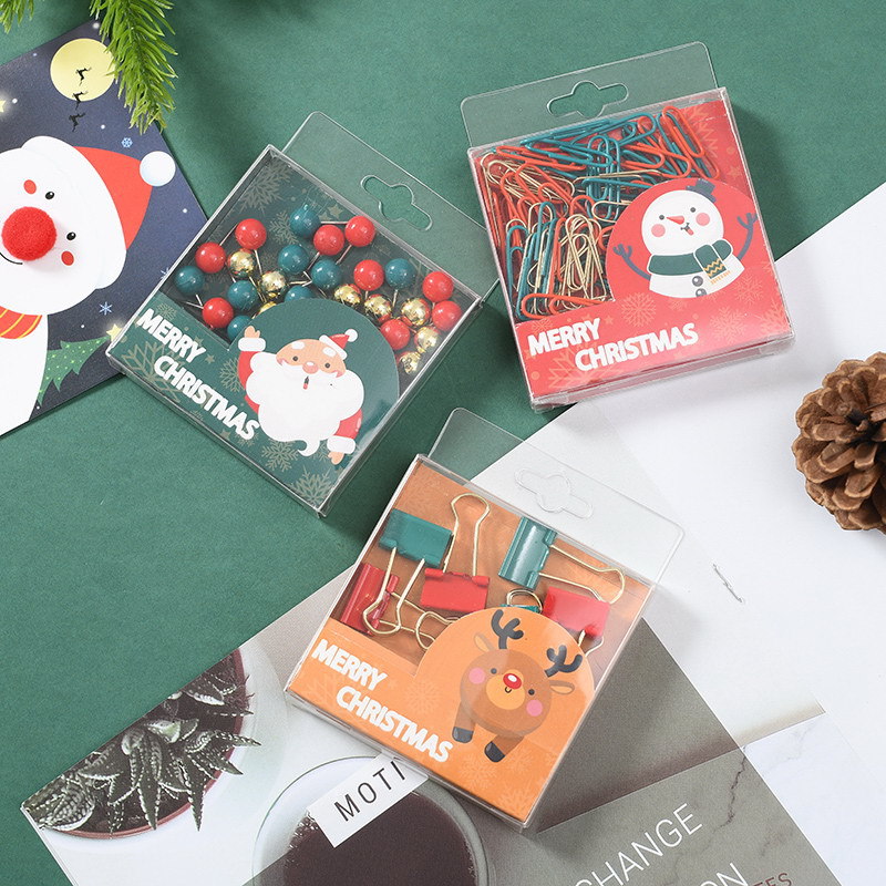 Creative pvc box Santa Claus red and green paper clips, little Snowman thumbtacks, golden long-tail clips, prizes, learning gifts